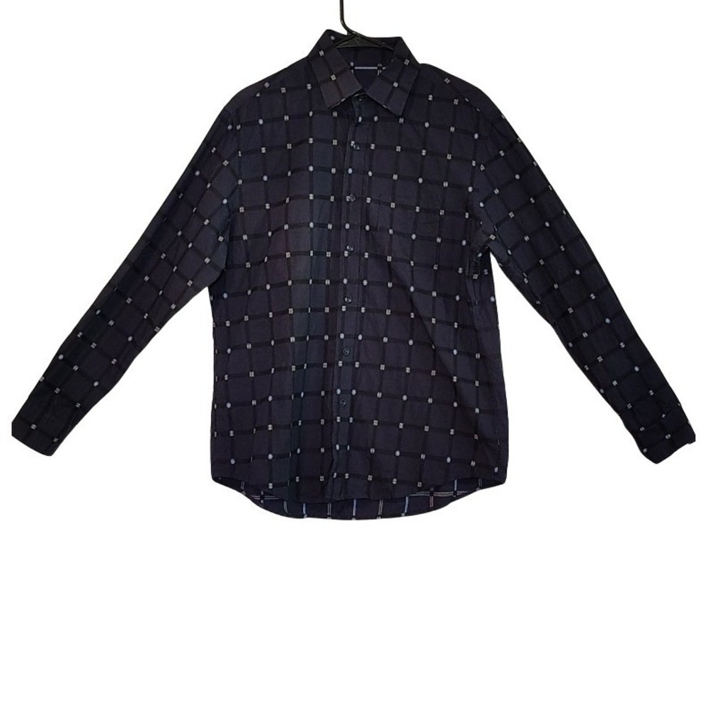 Tasso Elba Mens 100% Cotton Button Up Dress Shirt Medium Long Sleeve Windowpane‎